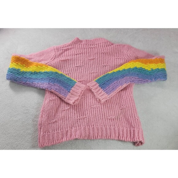 Chunky Knit Pink Sweater with Rainbow Striped Sleeves Cozy Warm Pullover Size S - Picture 2 of 7